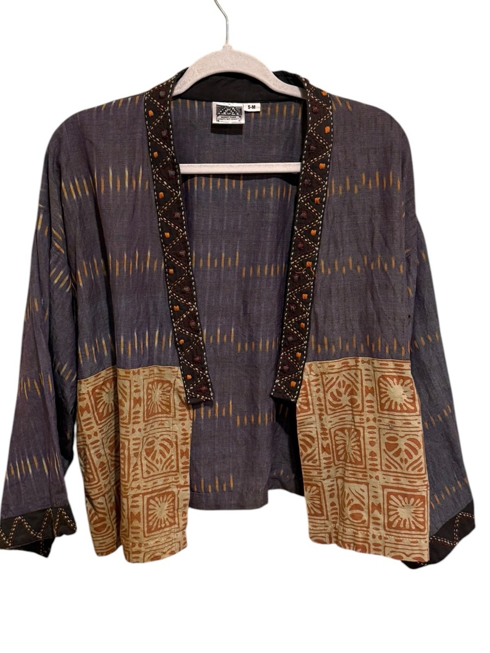 Bohemian 100% Cotton Indigo & Tan Open Front Women's Cardigan/Kimono Jacket